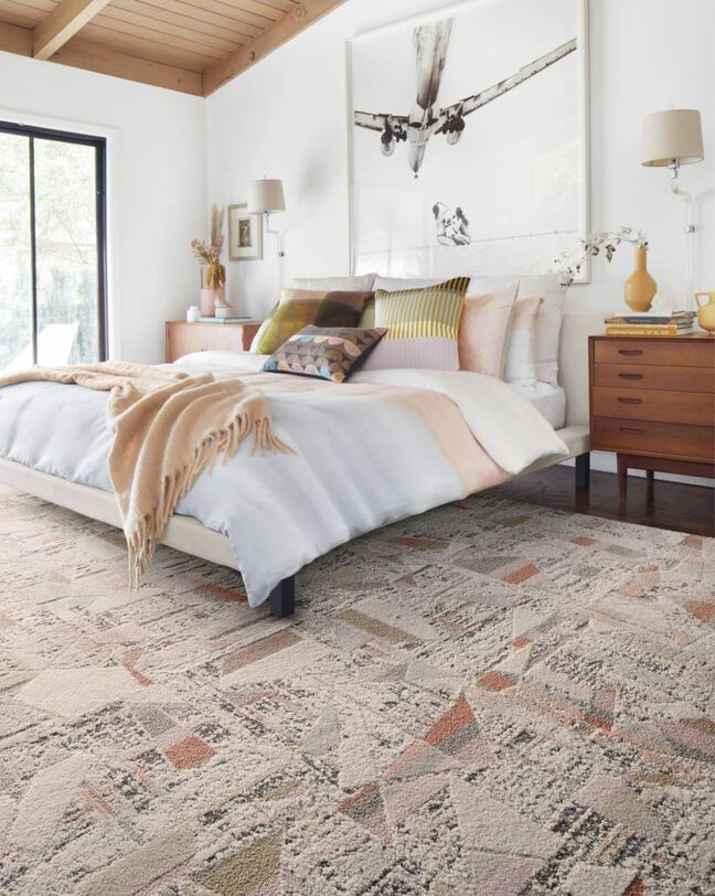 Bedroom with FLOR High Hopes area rug shown in Blush